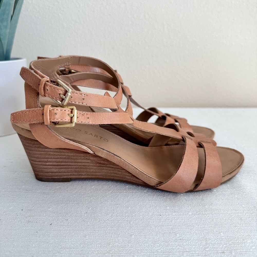 Franco Sarto Dare Tan Leather Ankle Strap Mid Wedge Sandals Women’s 8.5M